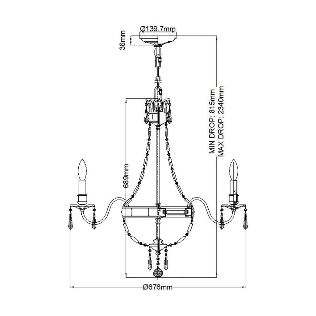 Feiss Bellini 6 Light Chandelier in Antique Bronze with Quartz Crystal