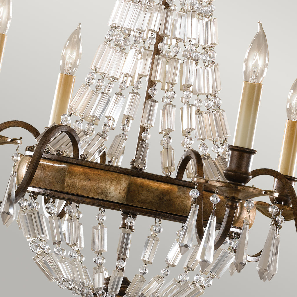 Feiss Bellini 6 Light Chandelier in Antique Bronze with Quartz Crystal