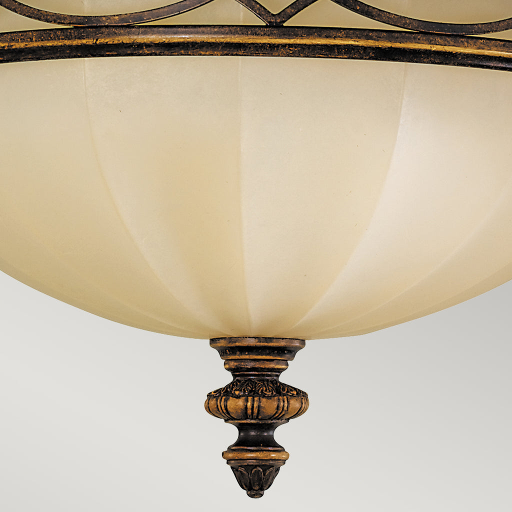 Feiss Drawing Room 3 Light Flush Ceiling Light in Walnut Finish with Amber Shade