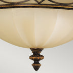 Feiss Drawing Room 3 Light Flush Ceiling Light in Walnut Finish with Amber Shade