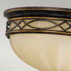 Feiss Drawing Room 3 Light Flush Ceiling Light in Walnut Finish with Amber Shade