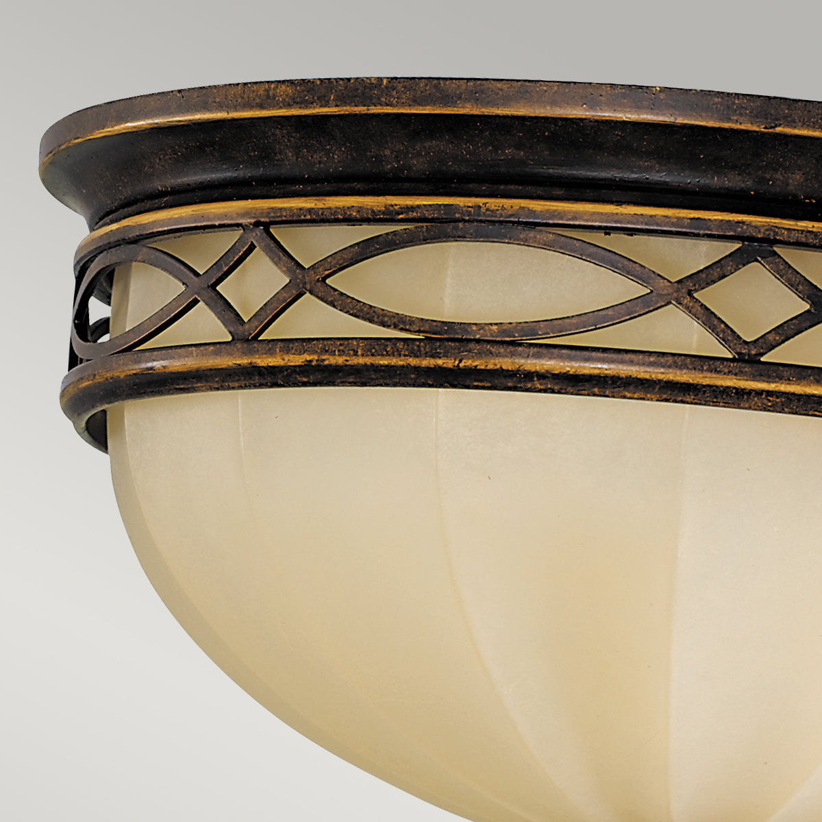 Feiss Drawing Room 3 Light Flush Ceiling Light in Walnut Finish with Amber Shade