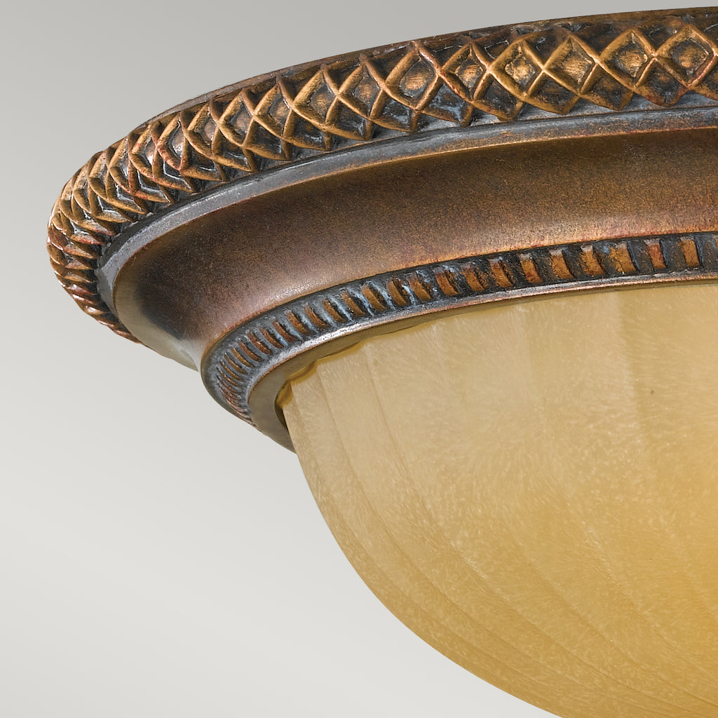 Feiss Kelham Hall 2 Light Flush Ceiling Light in Gold and Bronze with Amber Shade