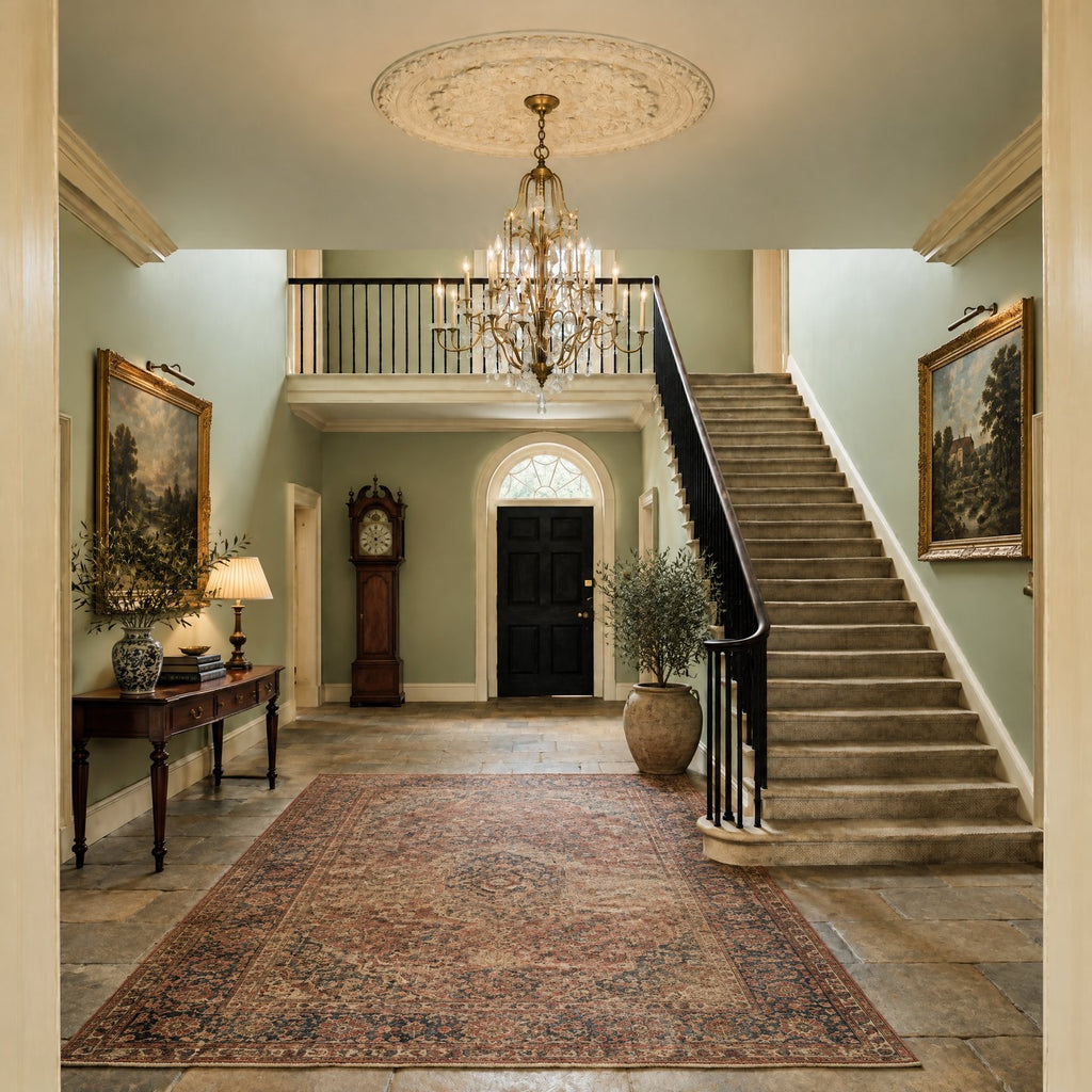 Feiss Valentina 12 Light Chandelier in Oxidised Bronze lit in a Georgian entrance hall with a stone staircase and gallery landing