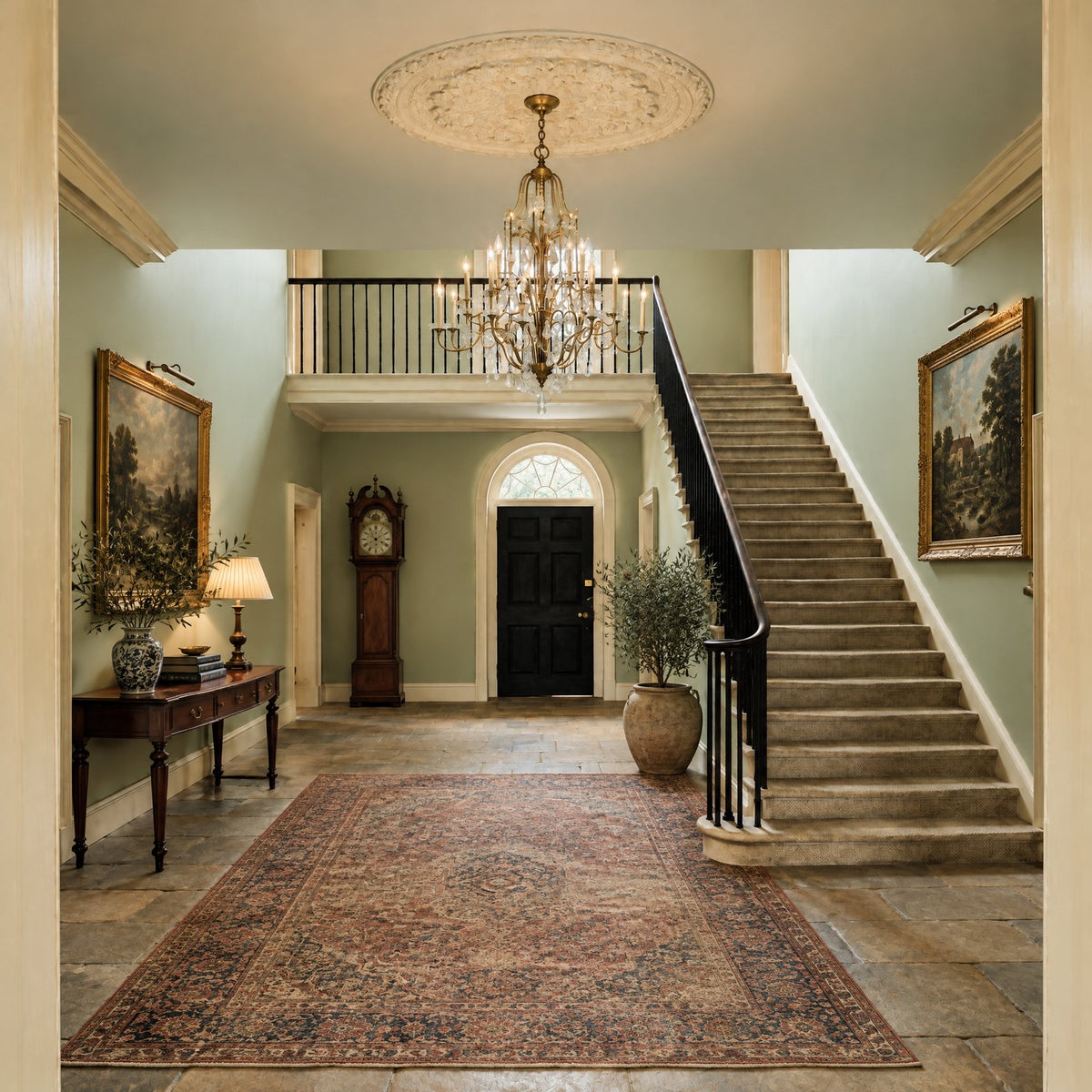 Feiss Valentina 12 Light Chandelier in Oxidised Bronze lit in a Georgian entrance hall with a stone staircase and gallery landing
