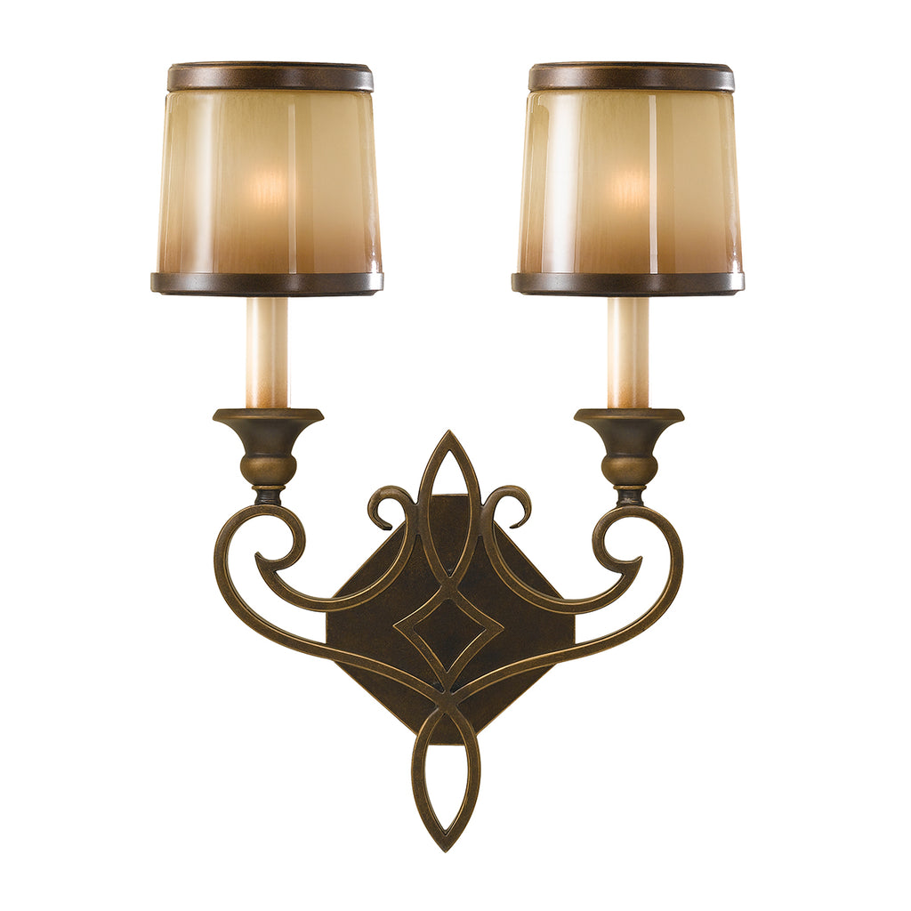Feiss Justine 2 Light Wall Light in Astral Bronze with Oak Glass