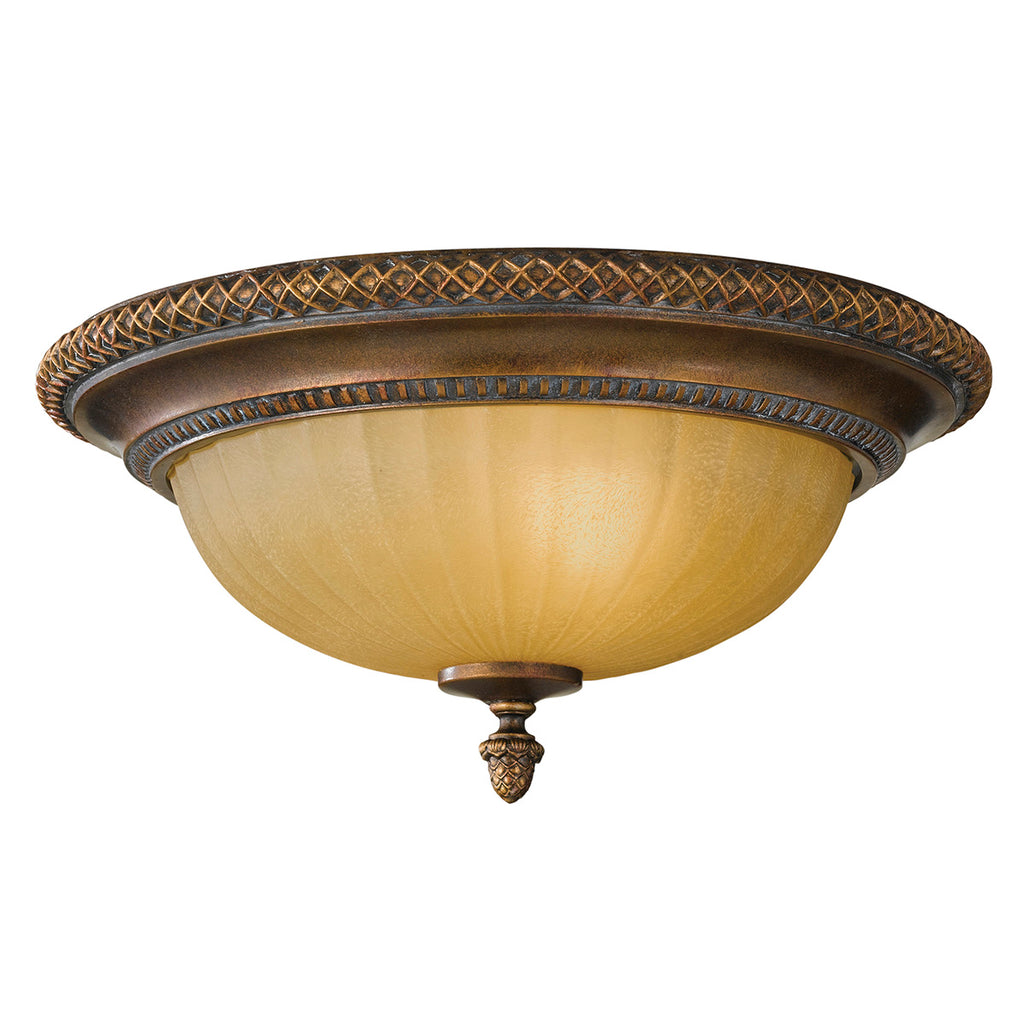Feiss Kelham Hall 2 Light Flush Ceiling Light in Gold and Bronze with Amber Shade