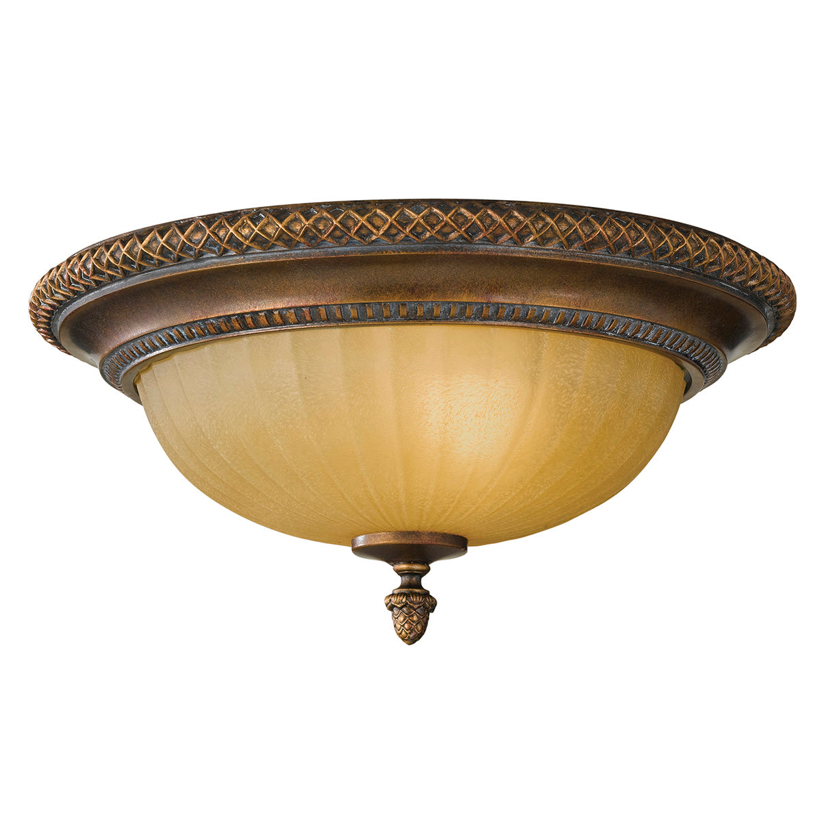 Feiss Kelham Hall 2 Light Flush Ceiling Light in Gold and Bronze with Amber Shade
