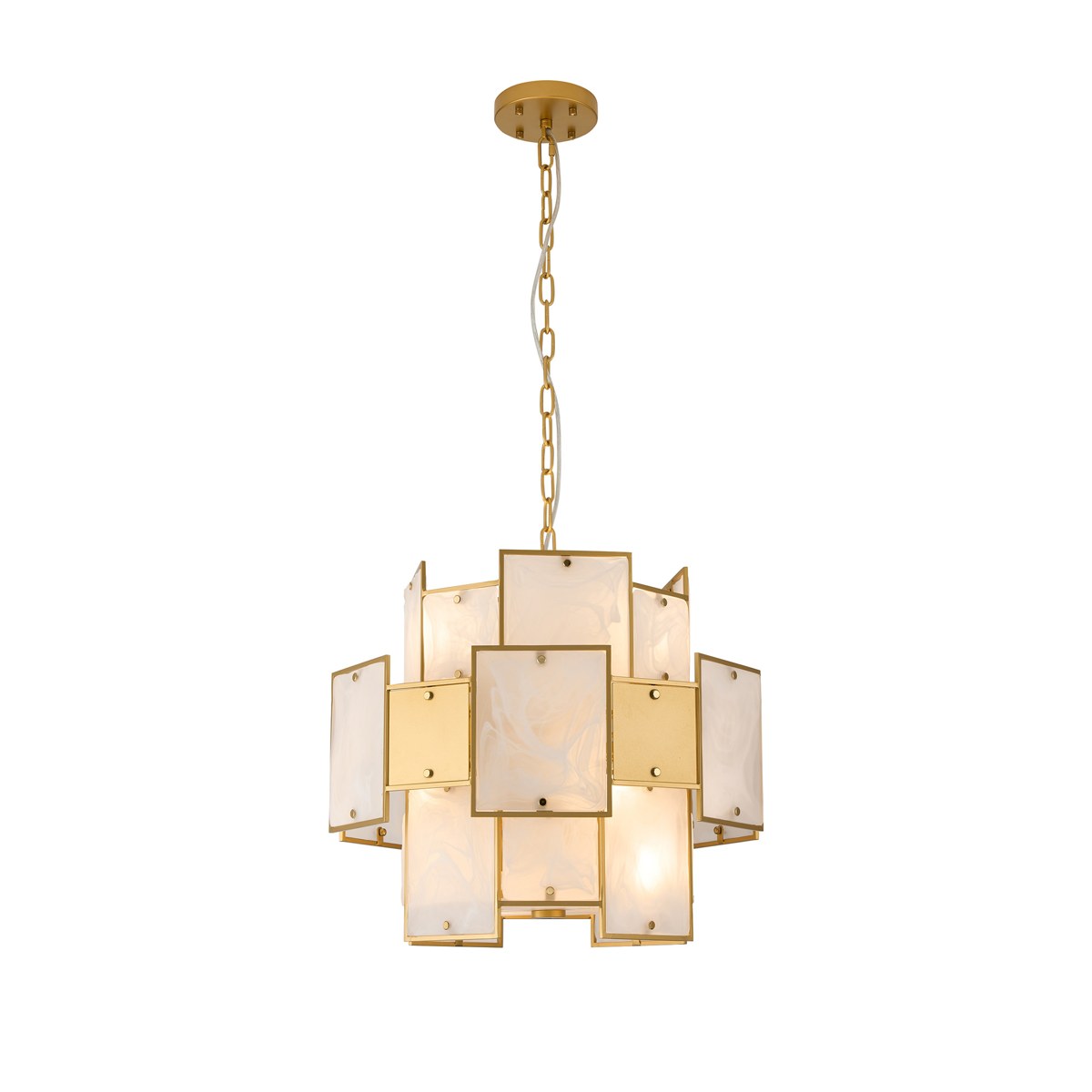 Regent Fleurus 45cm Round 7 Light Pendant Light (White Alabaster Glass) - White Frosted & Metal
