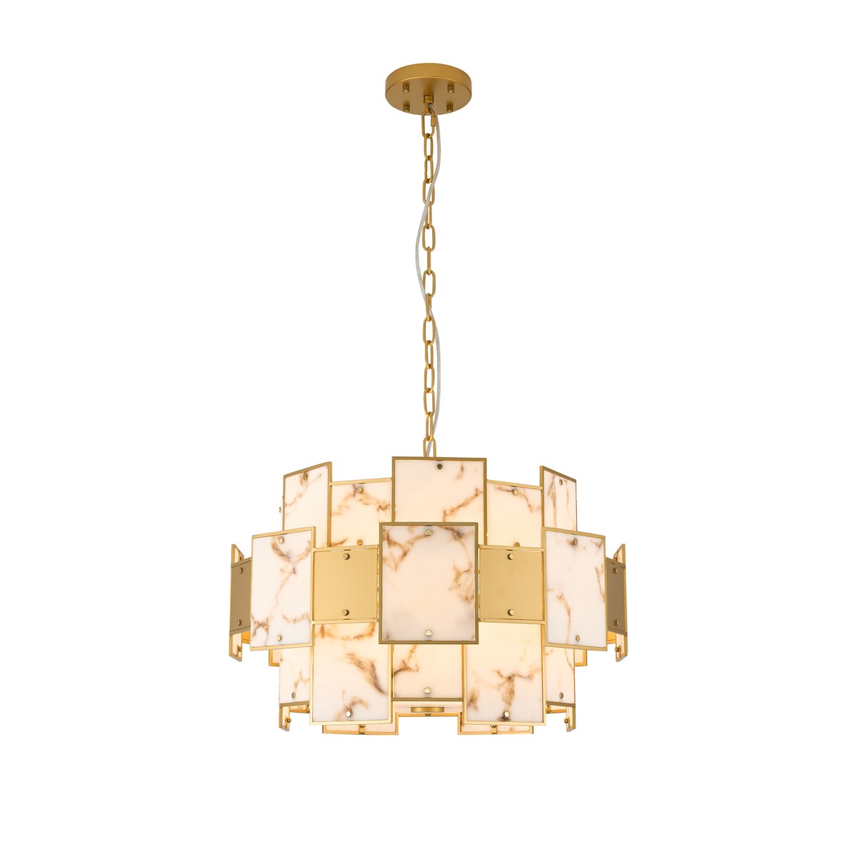 Regent Fleurus 59cm 12 Light Round Pendant Semi Flush Light (Faux Alabaster) - Brown & Metal