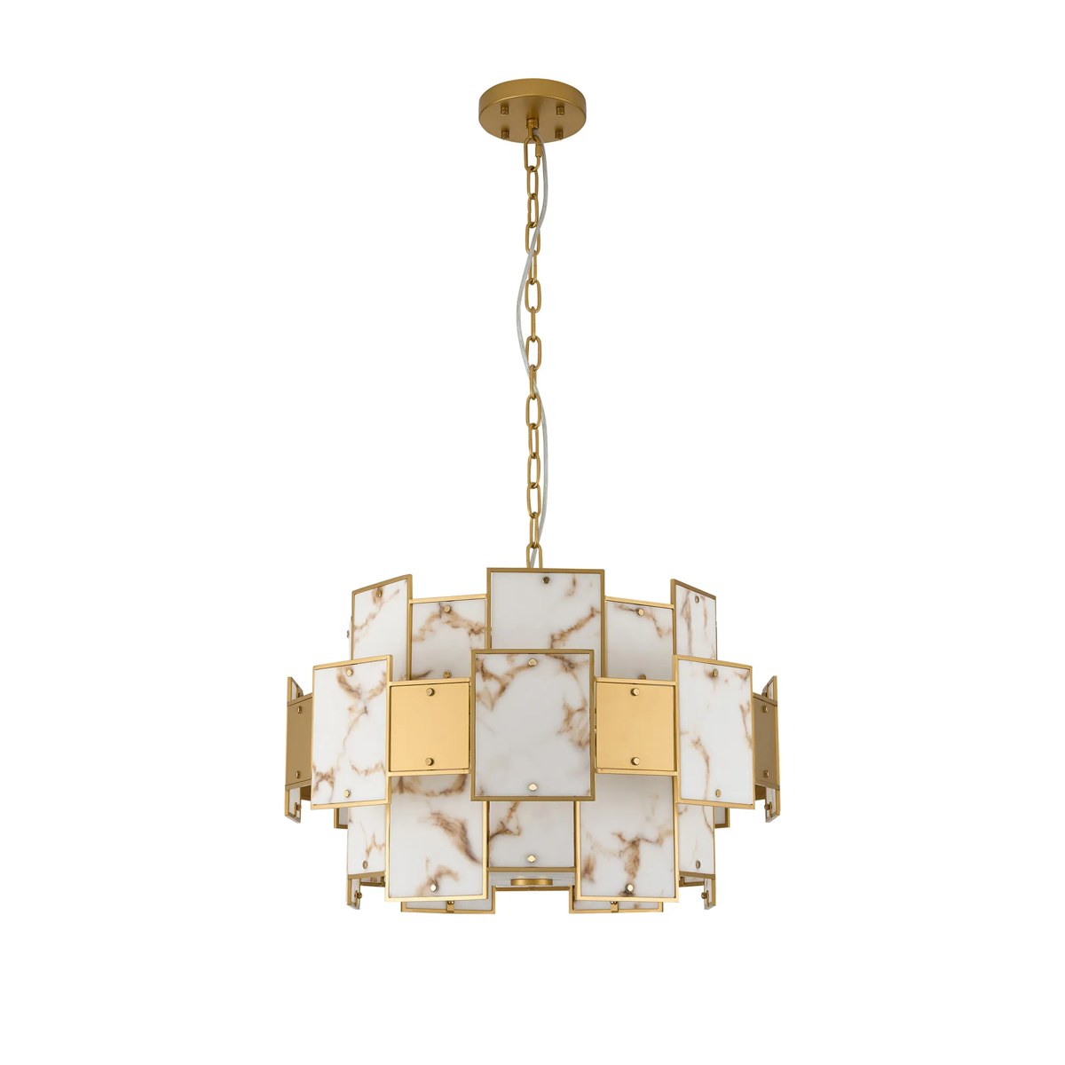 Regent Fleurus 59cm 12 Light Round Pendant Semi Flush Light (Faux Alabaster) - Brown & Metal