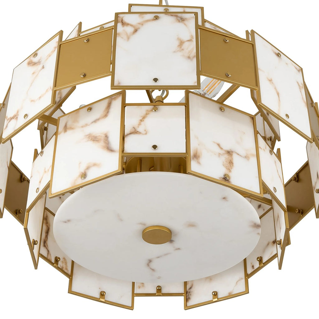 Regent Fleurus 59cm 12 Light Round Pendant Semi Flush Light (Faux Alabaster) - Brown & Metal