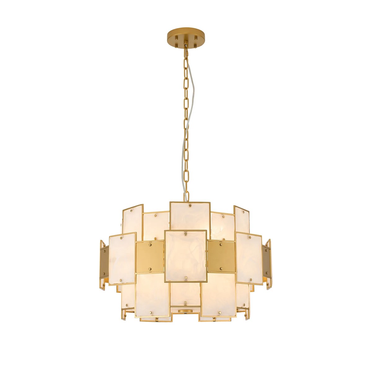Regent Fleurus 59cm 12 Light Round Pendant Semi Flush Light (White Alabaster Glass) - White Frosted & Metal