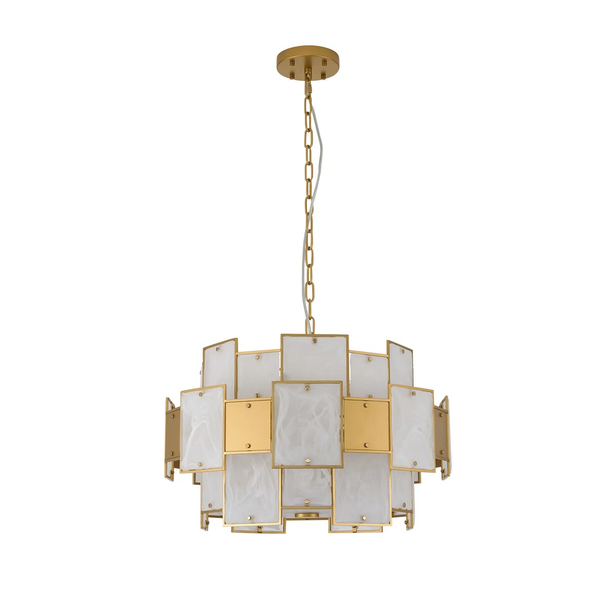 Regent Fleurus 59cm 12 Light Round Pendant Semi Flush Light (White Alabaster Glass) - White Frosted & Metal