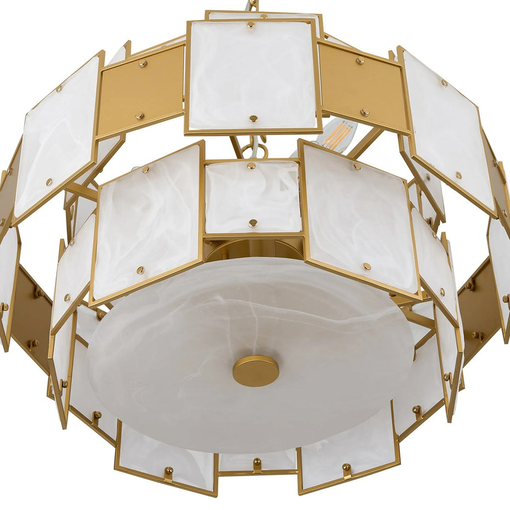 Regent Fleurus 59cm 12 Light Round Pendant Semi Flush Light (White Alabaster Glass) - White Frosted & Metal