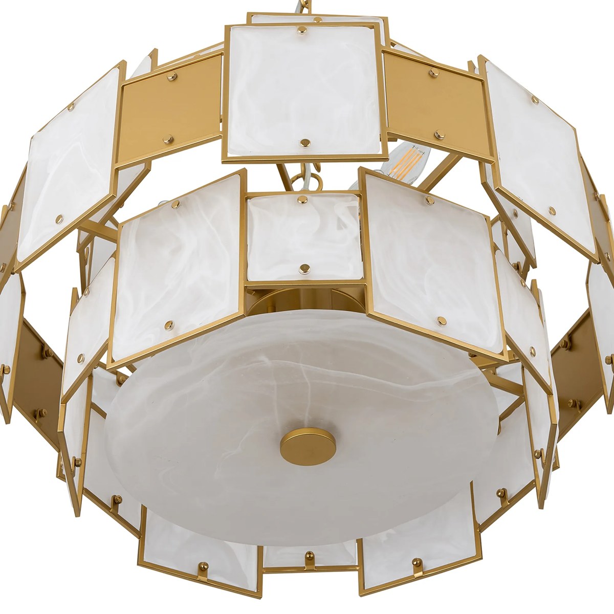 Regent Fleurus 59cm 12 Light Round Pendant Semi Flush Light (White Alabaster Glass) - White Frosted & Metal