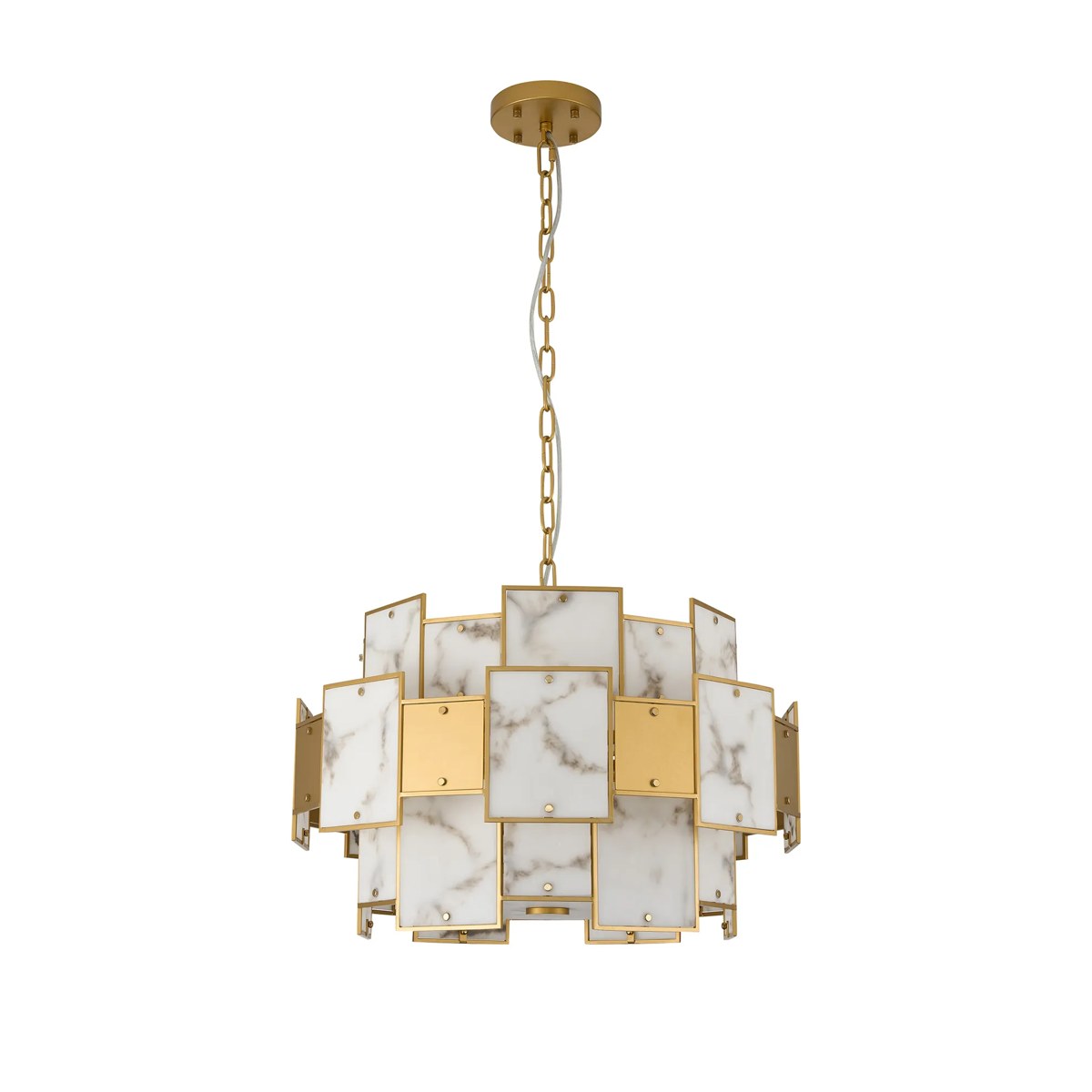 Regent Fleurus 59cm 12 Light Round Pendant Semi Flush Light (Faux Alabaster) - Grey & Metal