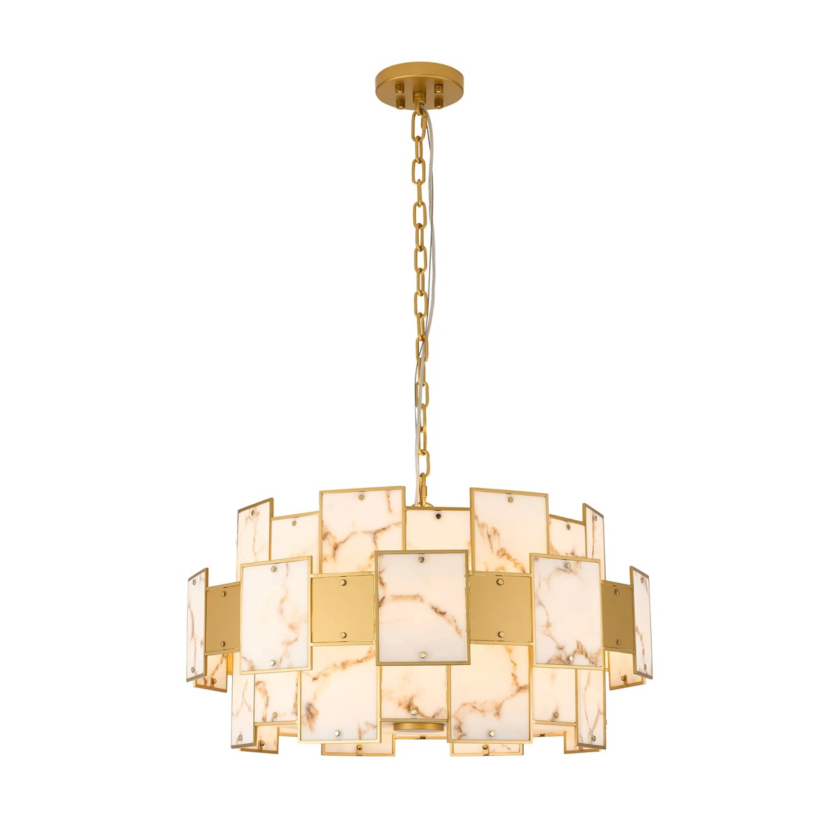 Regent Fleurus 74cm 17 Light Round Pendant Semi Flush Light (Faux Alabaster) - Brown & Metal