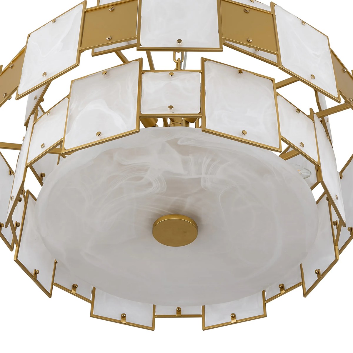 Regent Fleurus 74cm 17 Light Round Pendant Semi Flush Light (White Alabaster Glass) - White Frosted & Metal