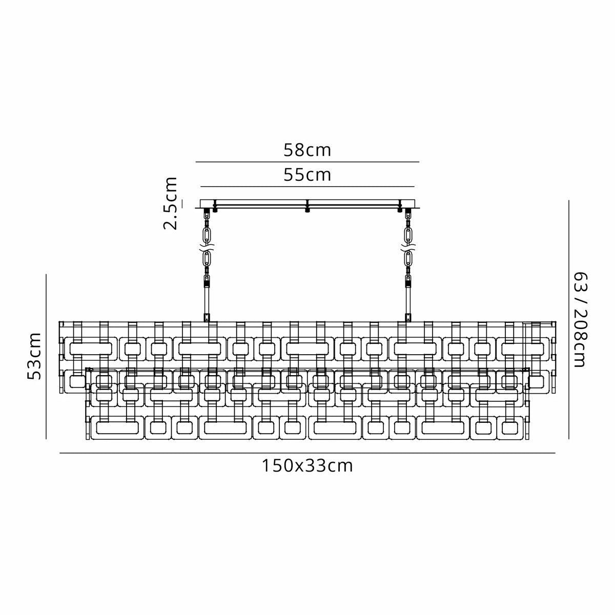 Regent Gaume 1500mm Rectangular 20 Light Pendant Light - dimensions