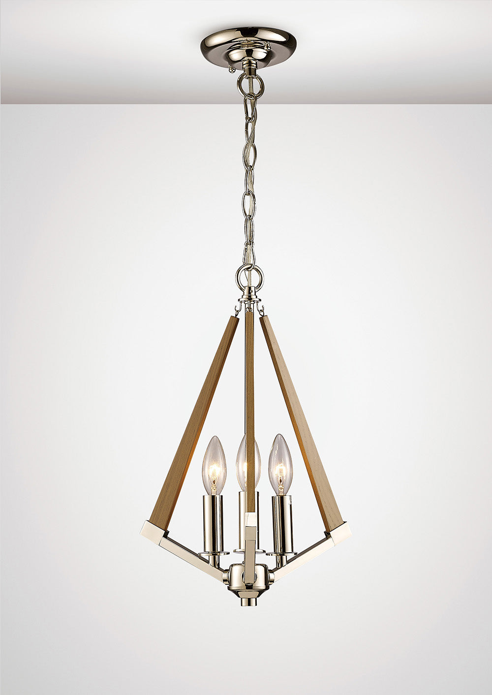 Diyas Hilton 3 Light Tetragonal Pendant Light in Polished Nickel with Taupe Wood