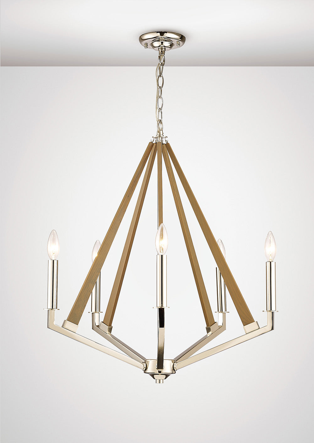 Diyas Hilton 5 Light Pentagonal Pendant Light in Polished Nickel with Taupe Wood