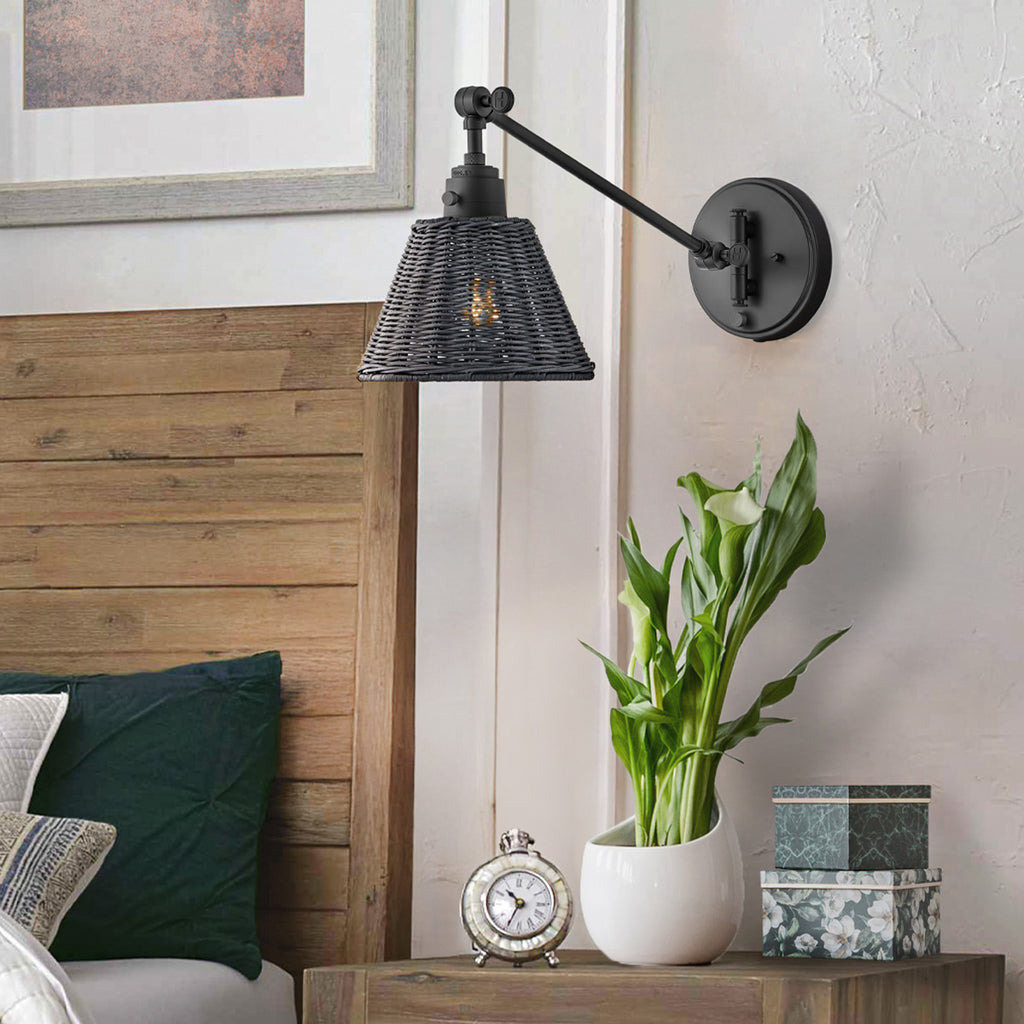 Hinkley Arti Wall Light Black with Black Rattan Shade