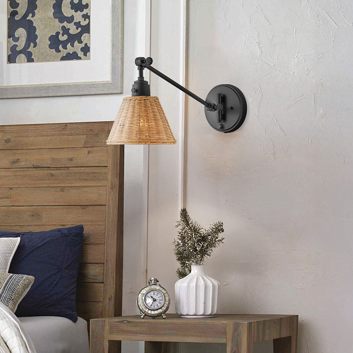 Hinkley Arti Wall Light Black with Natural Rattan Shade