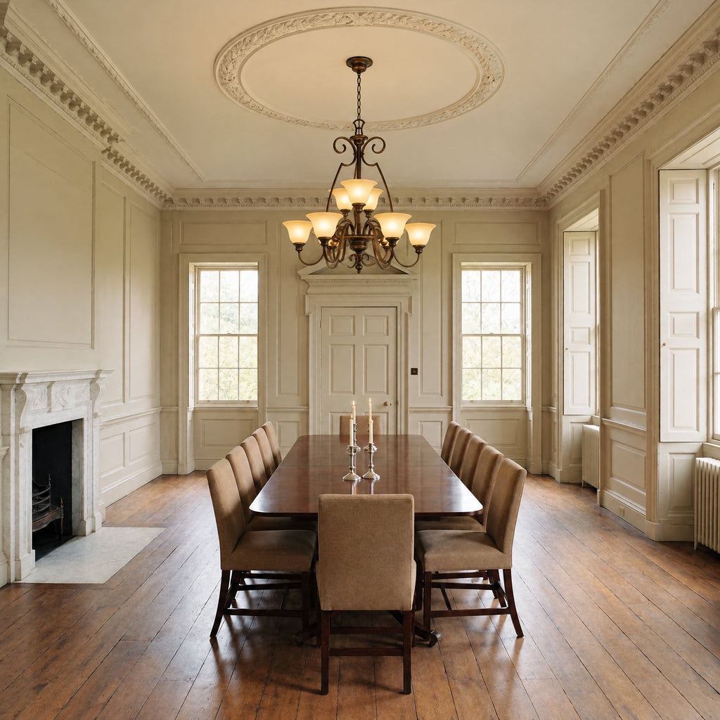 Hinkley Cello 9 Light Chandelier in Bronze lit over a long dining table in a grand Georgian dining room
