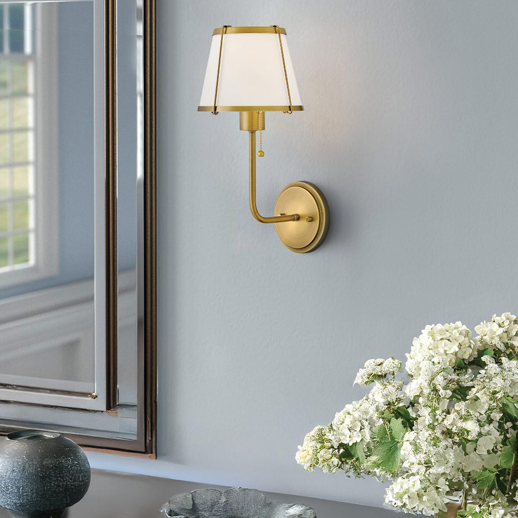 Hinkley Clarke Wall Light with Pull switch Darkened Brass & Ivory Linen Shade