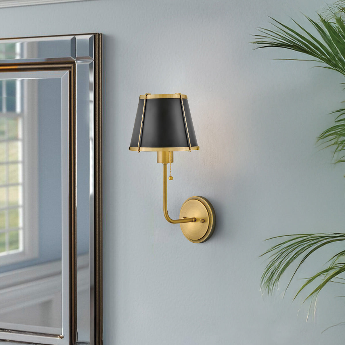 Hinkley Clarke Wall Light with Pull switch Warm Brass & Black Metal Shade