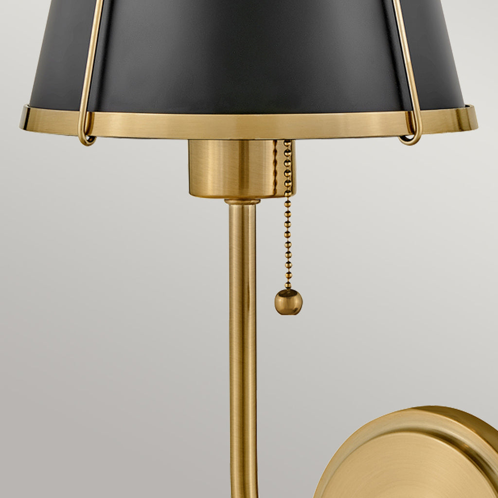 Hinkley Clarke Wall Light with Pull switch Warm Brass & Black Metal Shade