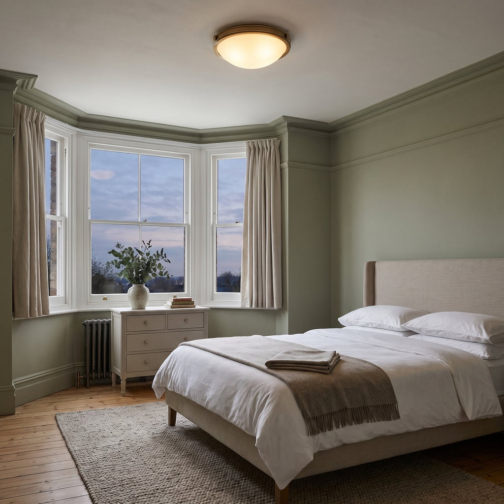 Hinkley Collier 3 Light Flush Ceiling Light in Heritage Brass lit in a sage green Edwardian bedroom
