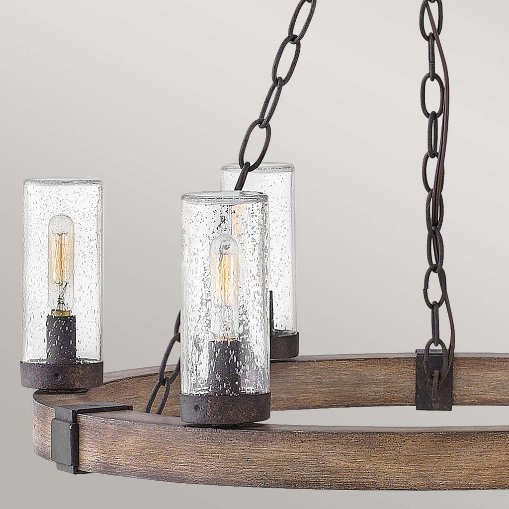 Hinkley Sawyer Exterior 6 Light Chandelier Sequoia Wood Effect with Rust Iron Accents