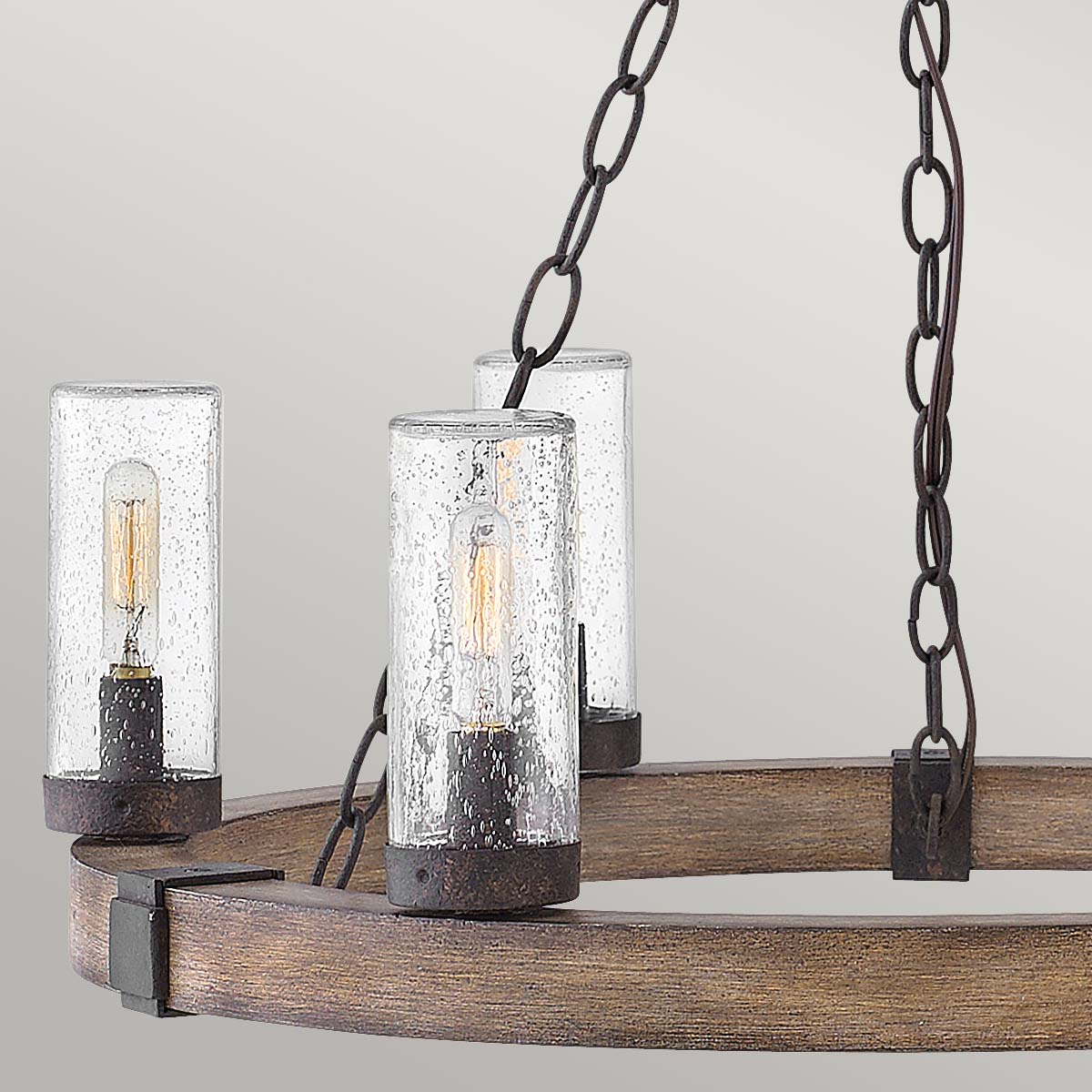 Hinkley Sawyer Exterior 6 Light Chandelier Sequoia Wood Effect with Rust Iron Accents