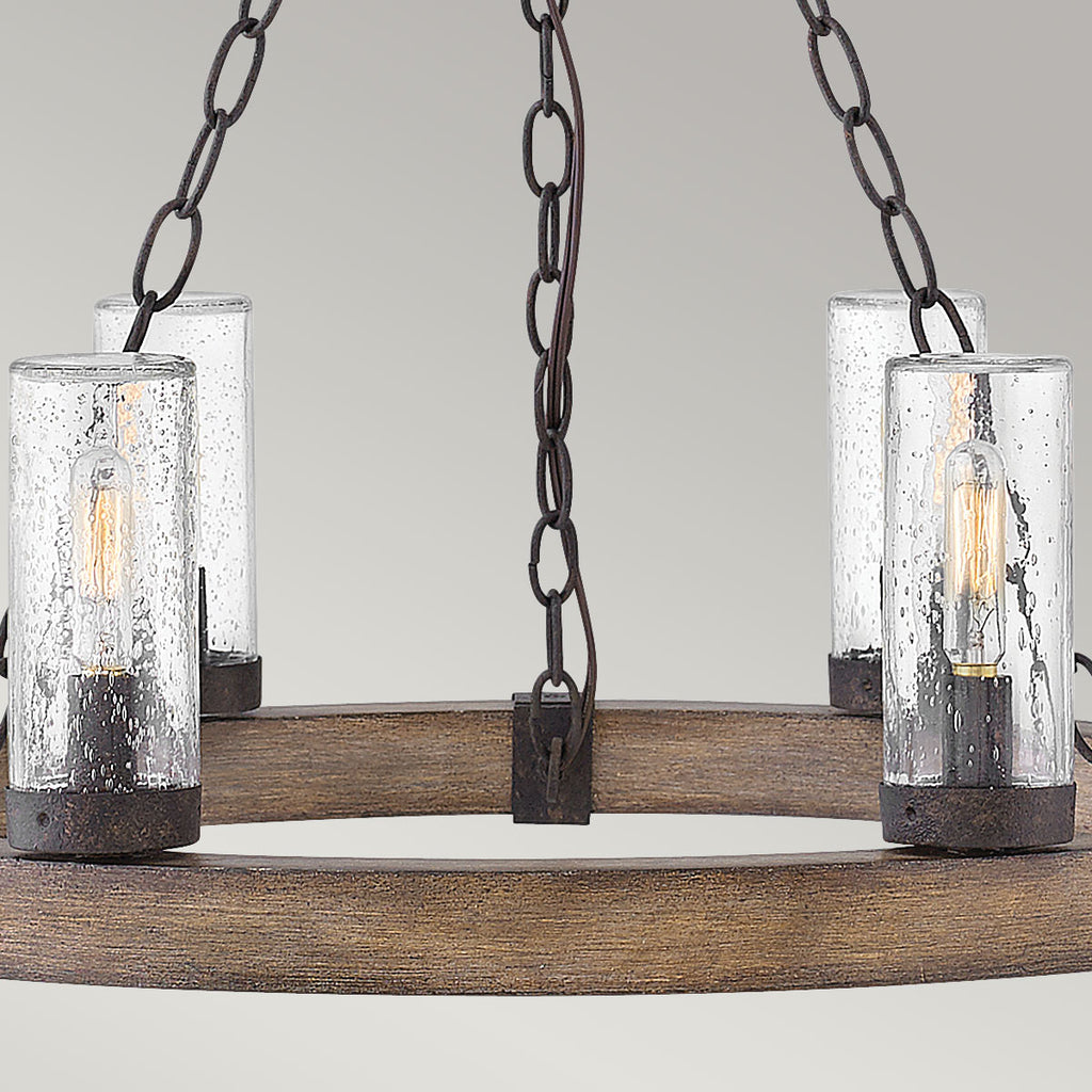 Hinkley Sawyer Exterior 6 Light Chandelier Sequoia Wood Effect with Rust Iron Accents