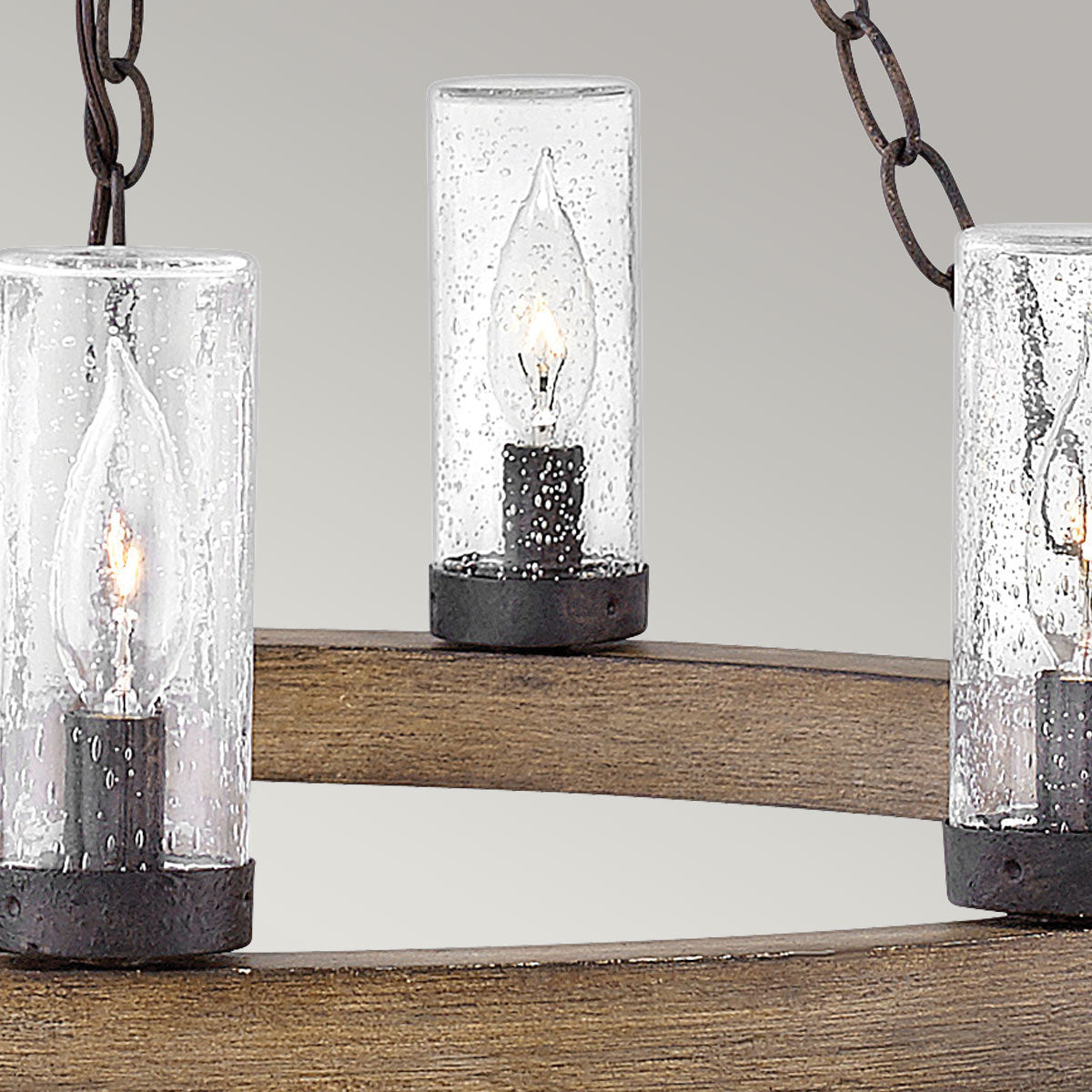 Hinkley Sawyer Exterior 9 Light Chandelier Sequoia Wood Effect with Rust Iron Accents