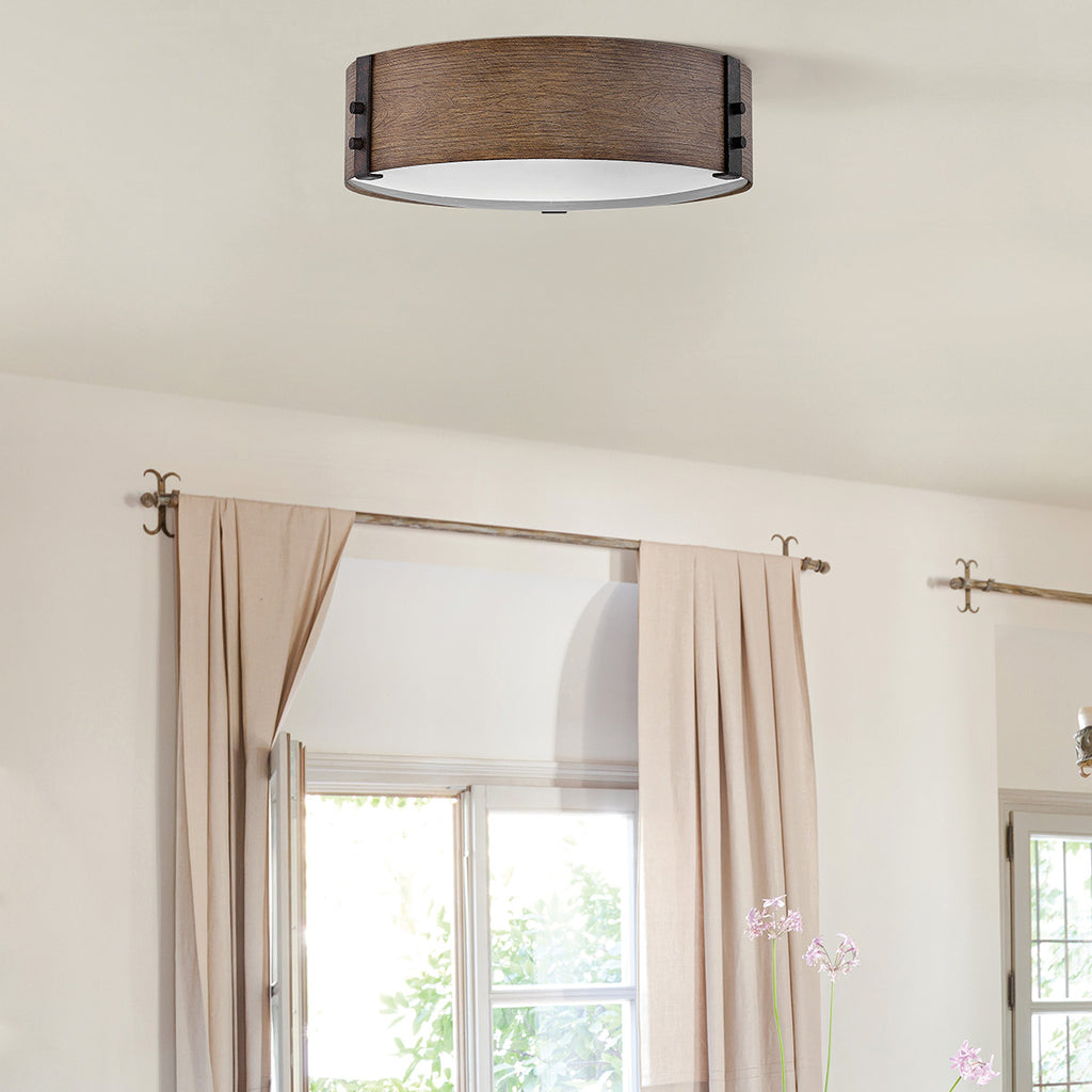 Hinkley Sawyer Exterior Flush Ceiling Light Sequoia Wood Effect with Rust Iron Accents