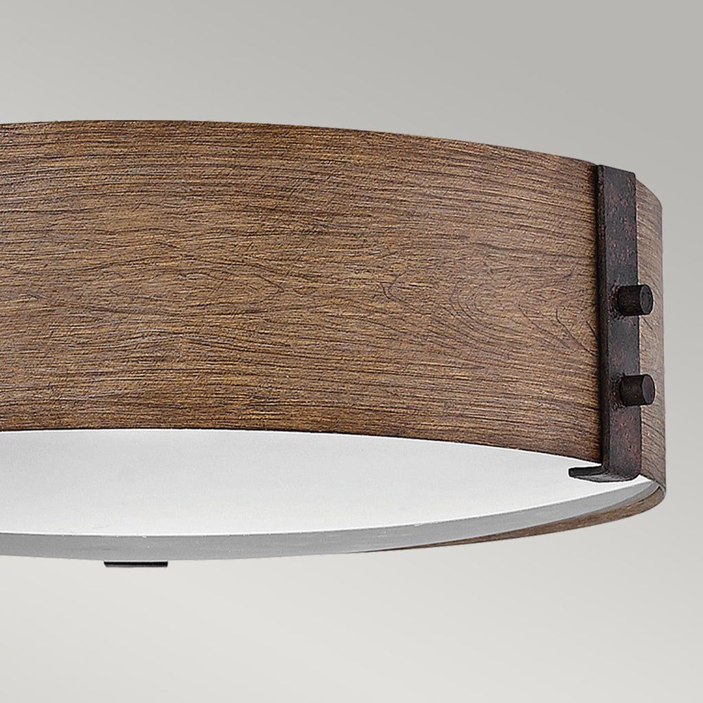 Hinkley Sawyer Exterior Flush Ceiling Light Sequoia Wood Effect with Rust Iron Accents