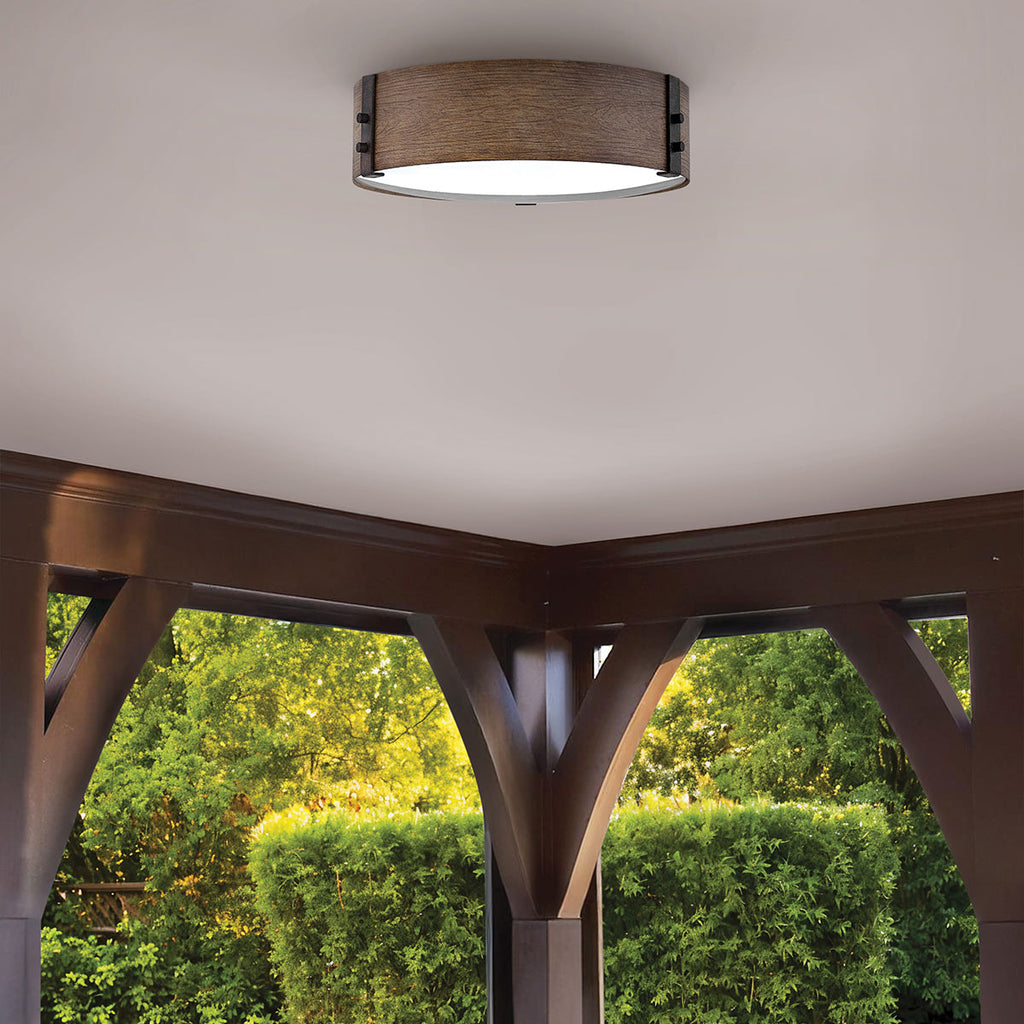 Hinkley Sawyer Exterior Flush Ceiling Light Sequoia Wood Effect with Rust Iron Accents