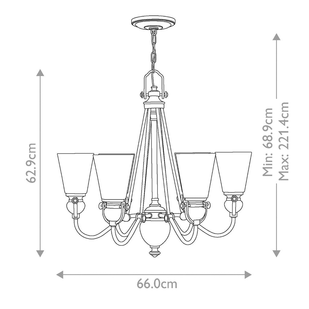Hinkley Mayflower 6 Light Chandelier in Antique Brass, dimensions
