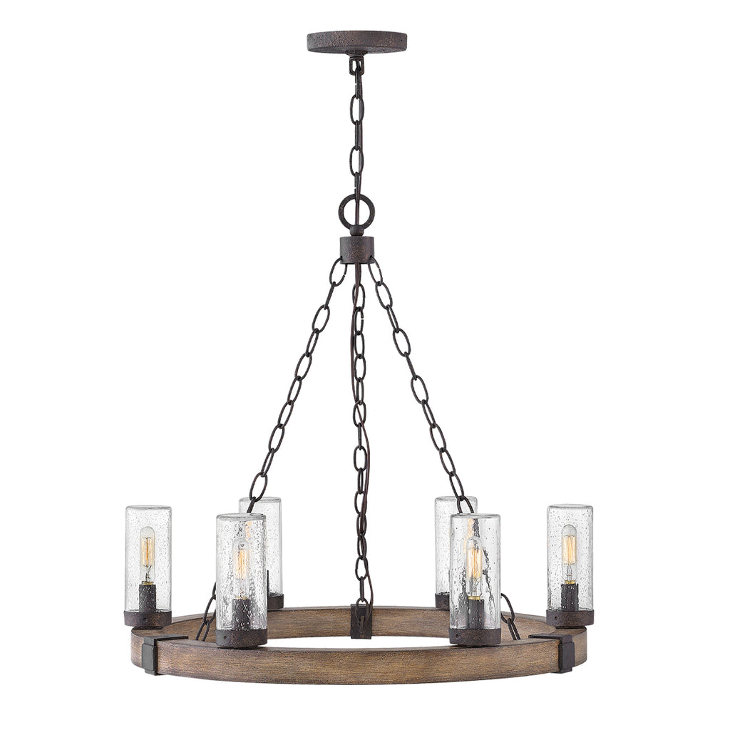 Hinkley Sawyer Exterior 6 Light Chandelier Sequoia Wood Effect with Rust Iron Accents