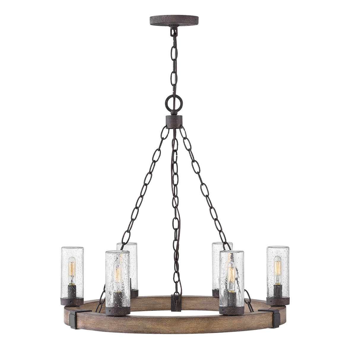 Hinkley Sawyer Exterior 6 Light Chandelier Sequoia Wood Effect with Rust Iron Accents