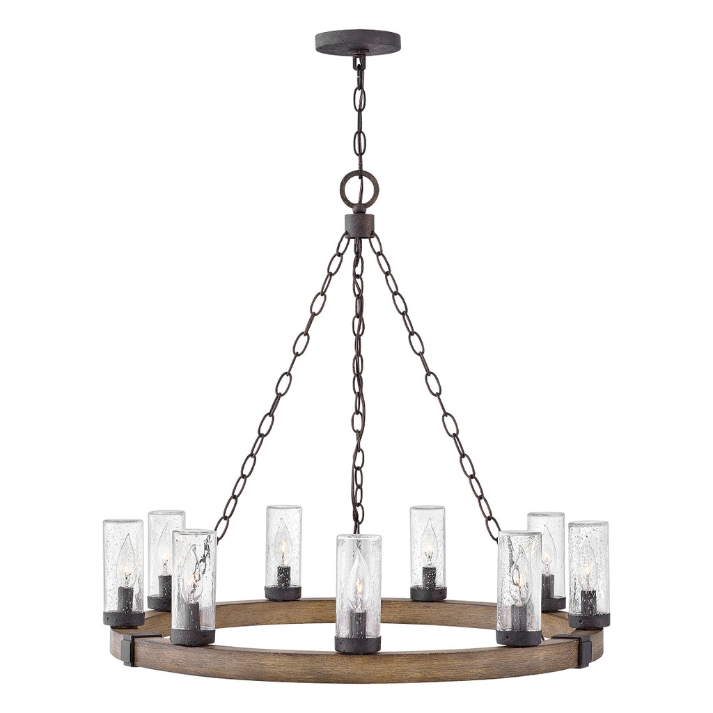 Hinkley Sawyer Exterior 9 Light Chandelier Sequoia Wood Effect with Rust Iron Accents