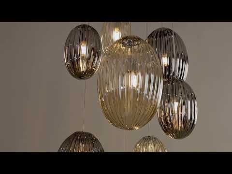 Schuller Ovila 9 Light Pendant Light in Chrome with Cognac and Smoky Grey Shade with Remote