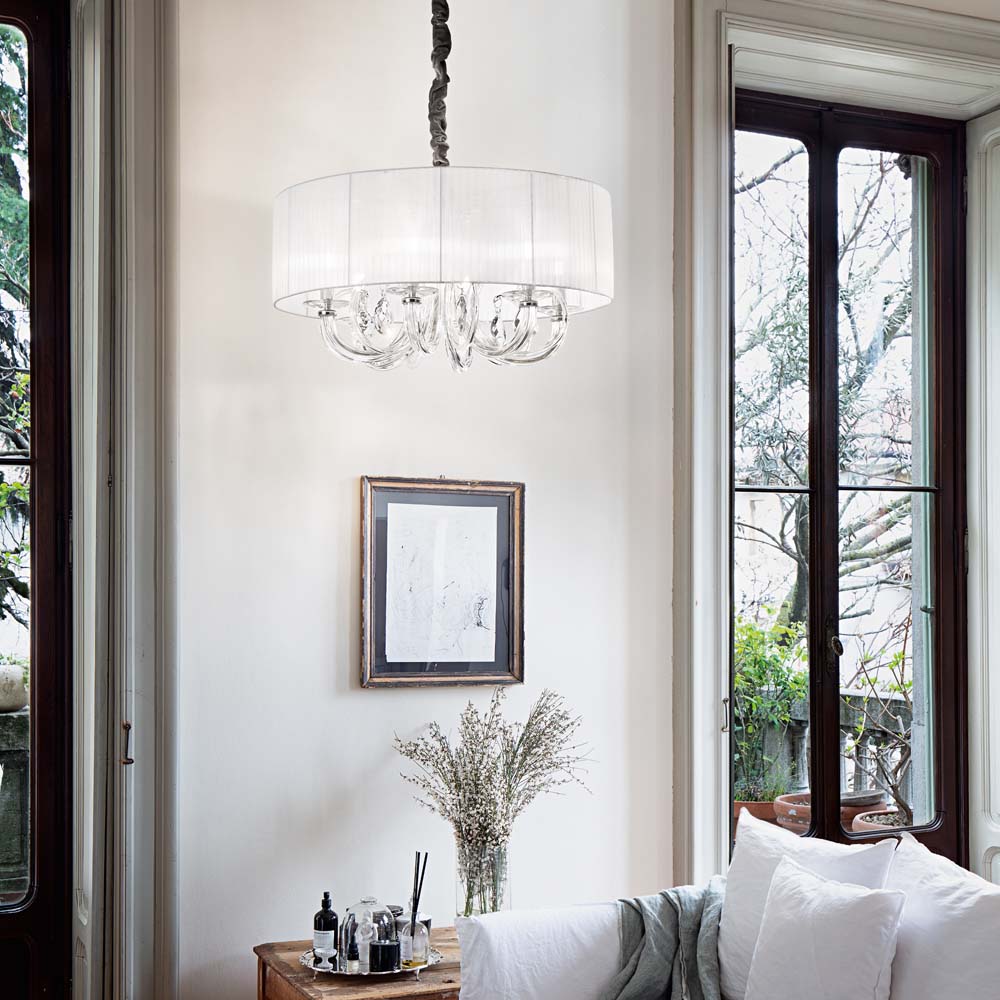 Ideal Lux 035826 Swan Crystal 6 Light Pendant White Shade Chrome Frame