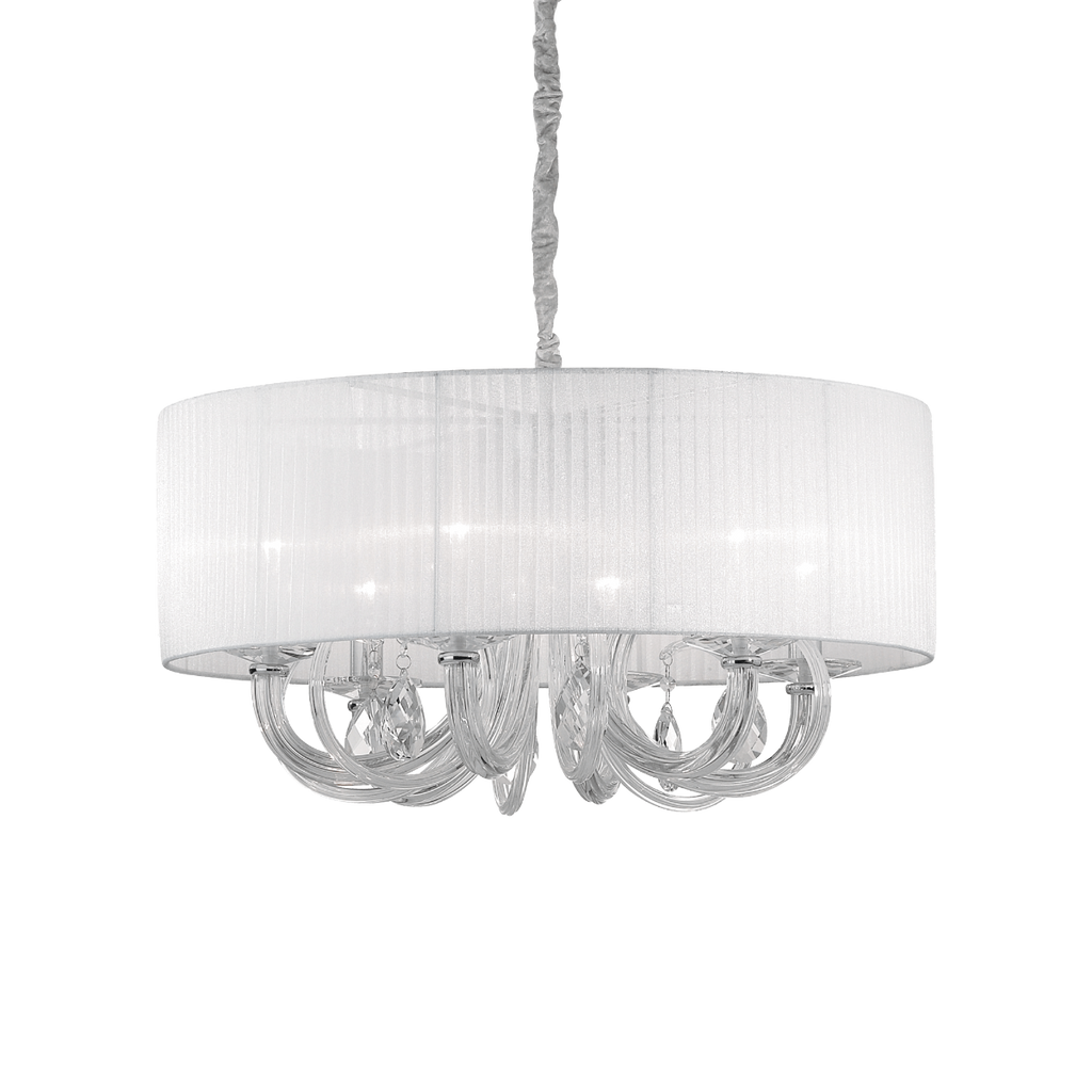 Ideal Lux 035826 Swan Crystal 6 Light Pendant White Shade Chrome Frame