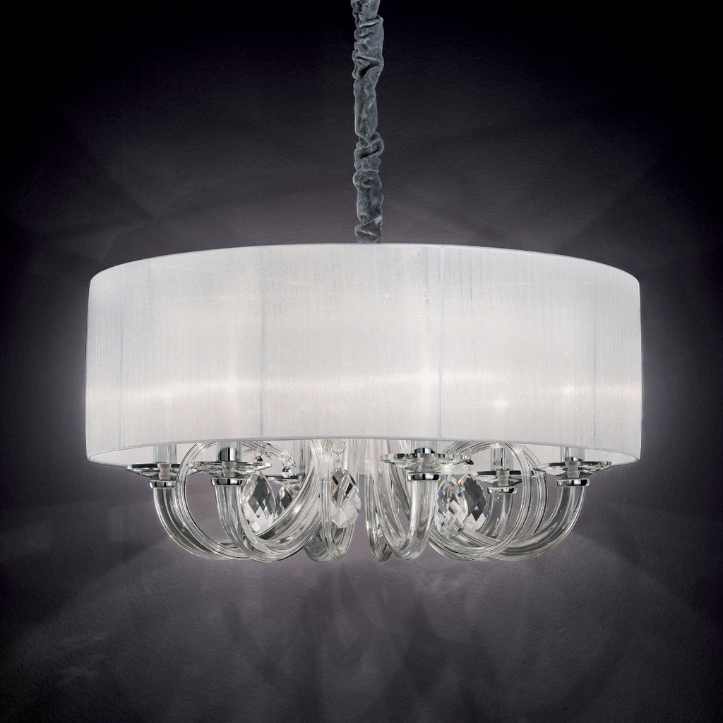 Ideal Lux 035826 Swan Crystal 6 Light Pendant White Shade Chrome Frame