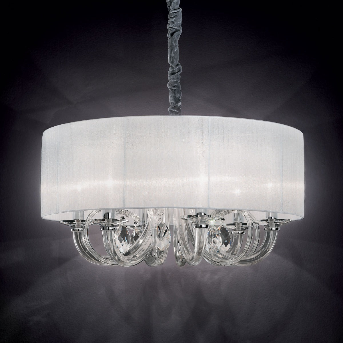 Ideal Lux 035826 Swan Crystal 6 Light Pendant White Shade Chrome Frame