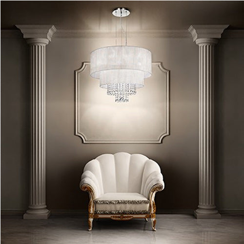 Ideal Lux 068299 Opera Crystal 6 Light Pendant White Shade Polished Chrome Frame